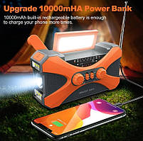 Радіоприймач AM/FM/WB (NOAA) Elenxs з автономним живленням LED ліхтарик павербанк 10000mAh (оранж)