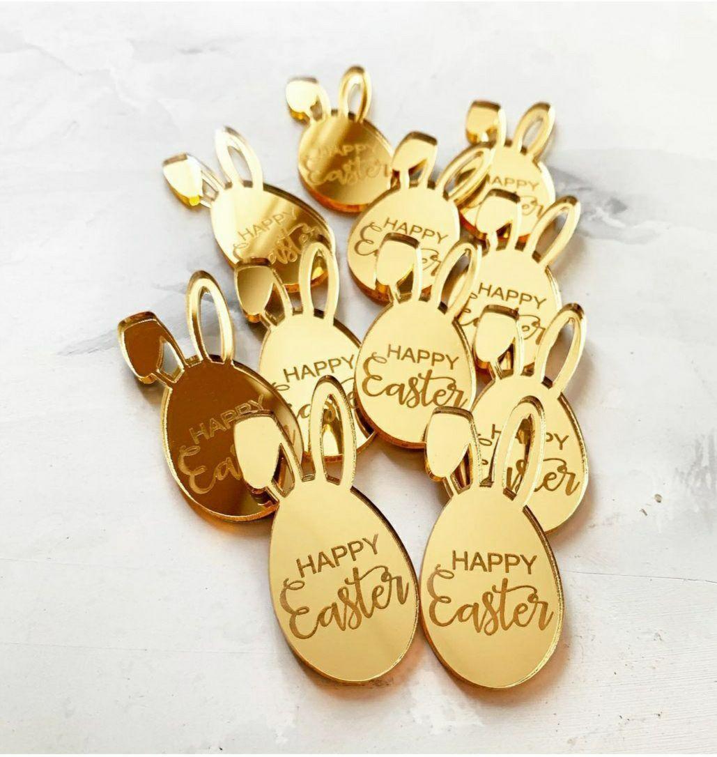 Декор великодня кролик з вушками для десерту Happy Easter — золота дзеркальна