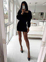 Жіноче чорне вечірнє велюрове плаття в довжині міні, довгий об'ємний рукав, 42-44, 46-48