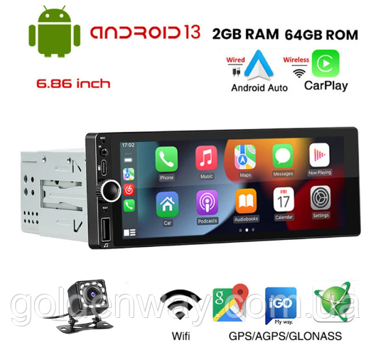 Автомагнітола 1 DIN Android D6021A екран 7 дюймів ОЗП 2/64 ГБ Wi Fi Bluetooth Gps CarPlay AndroidAuto + КАМЕРА
