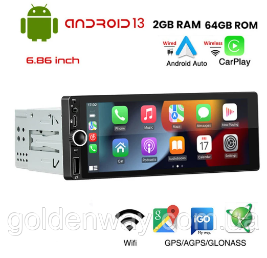 Автомагнітола 1 DIN Android D6021A екран 7 дюймів ОЗП 2/64 ГБ Wi Fi Bluetooth Gps Apple CarPlay AndroidAuto