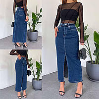 Темно-синяя Длинная(макси) джинсовая юбка с разрезом спереди Стрейч