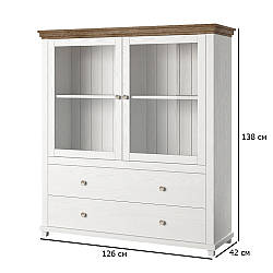 Шафа вітрина неокласика Evora 126 см ясен абіско та дуб лефлакс темний з підсвічуванням у вітальню