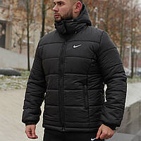 Мужская зимняя куртка Nike (-20°C)/ Черная курточка Европейка на флисе/ Черный пуховик с капюшоном на зиму 2XL