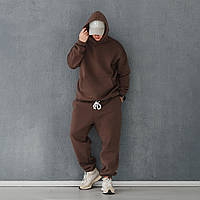 Мужской зимний спортивный костюм оверсайз коричневый однотонный теплый на флисе (N)