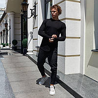 Мужской костюм лонгслив и брюки черный молодежный хлопковый приталенный весенний осенний (N)