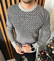 Стильный мужской джемпер свитер вязаный, молодежная кофта с принтом серая Турция