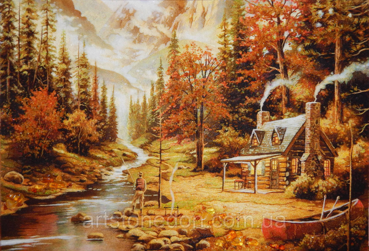 Картина з бурштину Риболовля на гірському озері