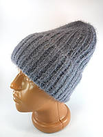 Женская вязаная шапка зимняя с отворотом флисом ангора альпака Синяя