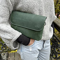 Женская сумка клатч из натуральной кожи зеленая 14х25х6 см