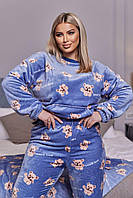 Женская пижама махровая теплая голубая принт мишка Комплект Кофта и Штаны домашний зимний (N)