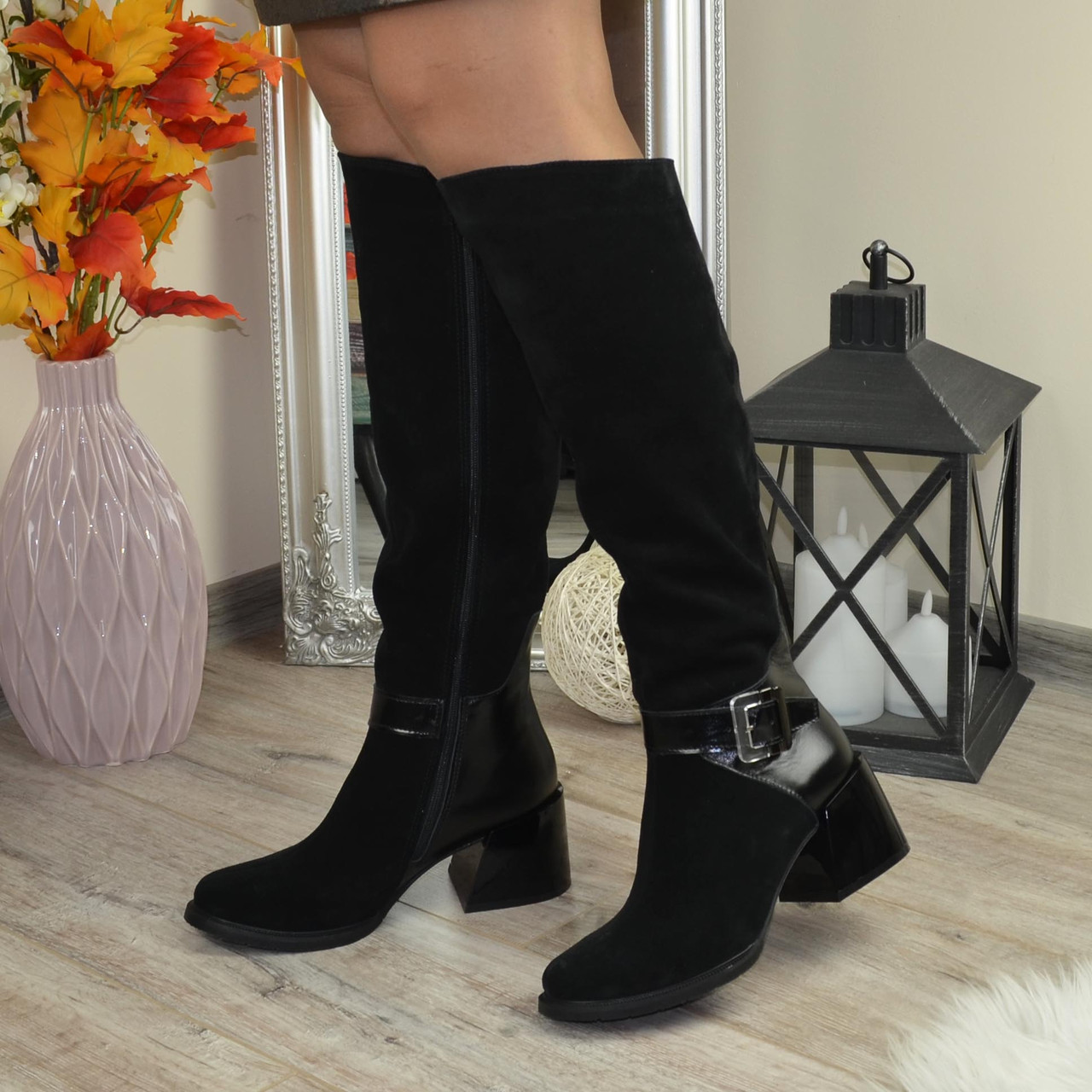 Високі чорні жіночі чоботи на підборах. Натуральна замша і лакова шкіра. Батал, фото 1