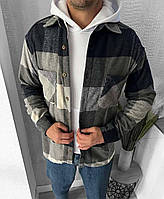 Модная качественная мужская рубашка серая из шерсти оверсайз, повседневная мужская рубашка в клетку на осень