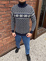 Новорічний чоловічий синій светр для святкових фотосесій, теплий різдвяний светр зі сніжинками
