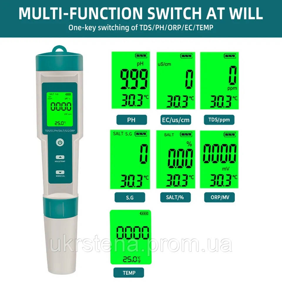 Анализатор воды 7в1 комбинированный PH/TDS/EC/ОВП/ метр, изм-тель солености воды, SG тестер, со сменными элект - фото 2 - id-p2069447436