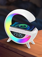 Настольная смарт лампа ночник RGB G-Smart 4в1 с беспроводной зарядкой 15W и Bluetooth колонкой 5W, часы,белый