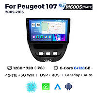 Штатная магнитола Peugeot 107, Toyota Aygo, Citroen C1 (2005-2014) M600 (6/128 Гб), 2K (2000x1200) QLED, GPS + 4G + CarPlay