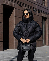 Женский короткий теплый зимний пуховик куртка черного цвета на био пухе 54