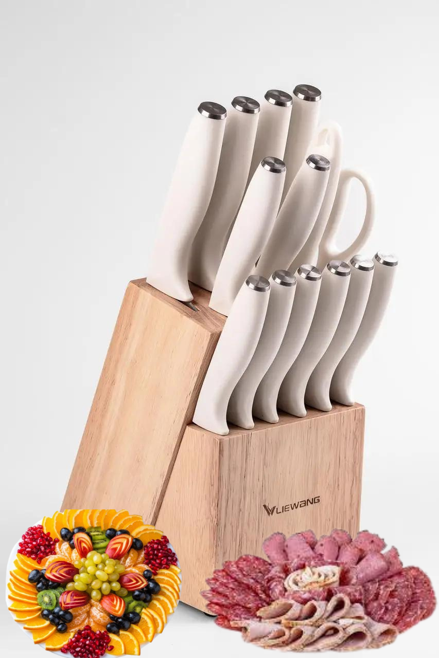 Набір професійних кухонних ножів із нержавіючої сталі з підставкою 14 предметів білі