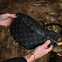 Бананка чоловіча Louis Vuitton Black Grey Bumbag поясна сумка еко шкіра чорна з ремінцем унісекс LV