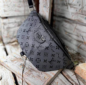 Бананка чоловіча Louis Vuitton Grey Black Луї Вітон поясна сумка еко шкіра сіра з ремінцем унісекс LV