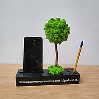 Органайзер з деревом з моху для телефону і отворами для ручок на робочий стіл