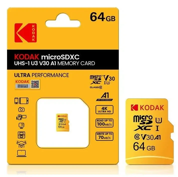 Швидкісна карта пам'яті MicroSD Kodak 64Gb U3 UHS-l V30 A1 Class 10 Оригінал