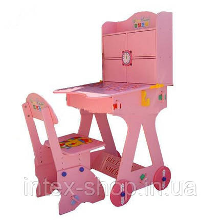 Дитяча парта BAMBI W 125 рожева, на коліщатках, годинник, фото 2
