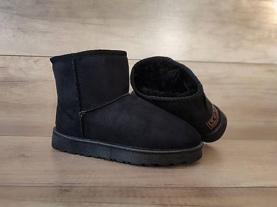 Угги замшевые короткие эко замша женские черные с коричневой лейбл UGG полусапожки ботиночки унисекс, фото 5