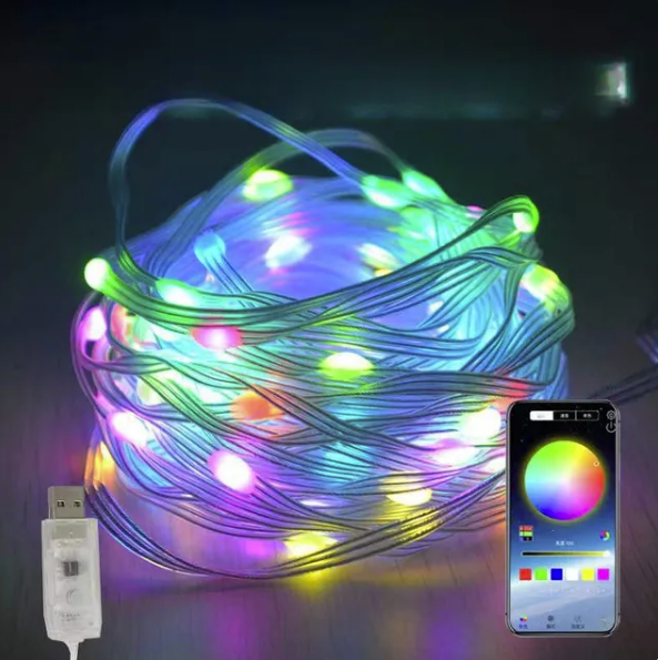 Розумна світлодіодна гірлянда USB RGB 10м 100 LED для ялинки та новорічного декору, керування через телефон Bluetooth ​​​WS2812B