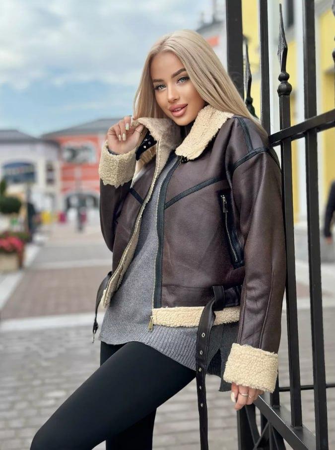 Тепла вкорочена жіноча дублянка Авіатор зі штучним хутром, дубльонка дубленка