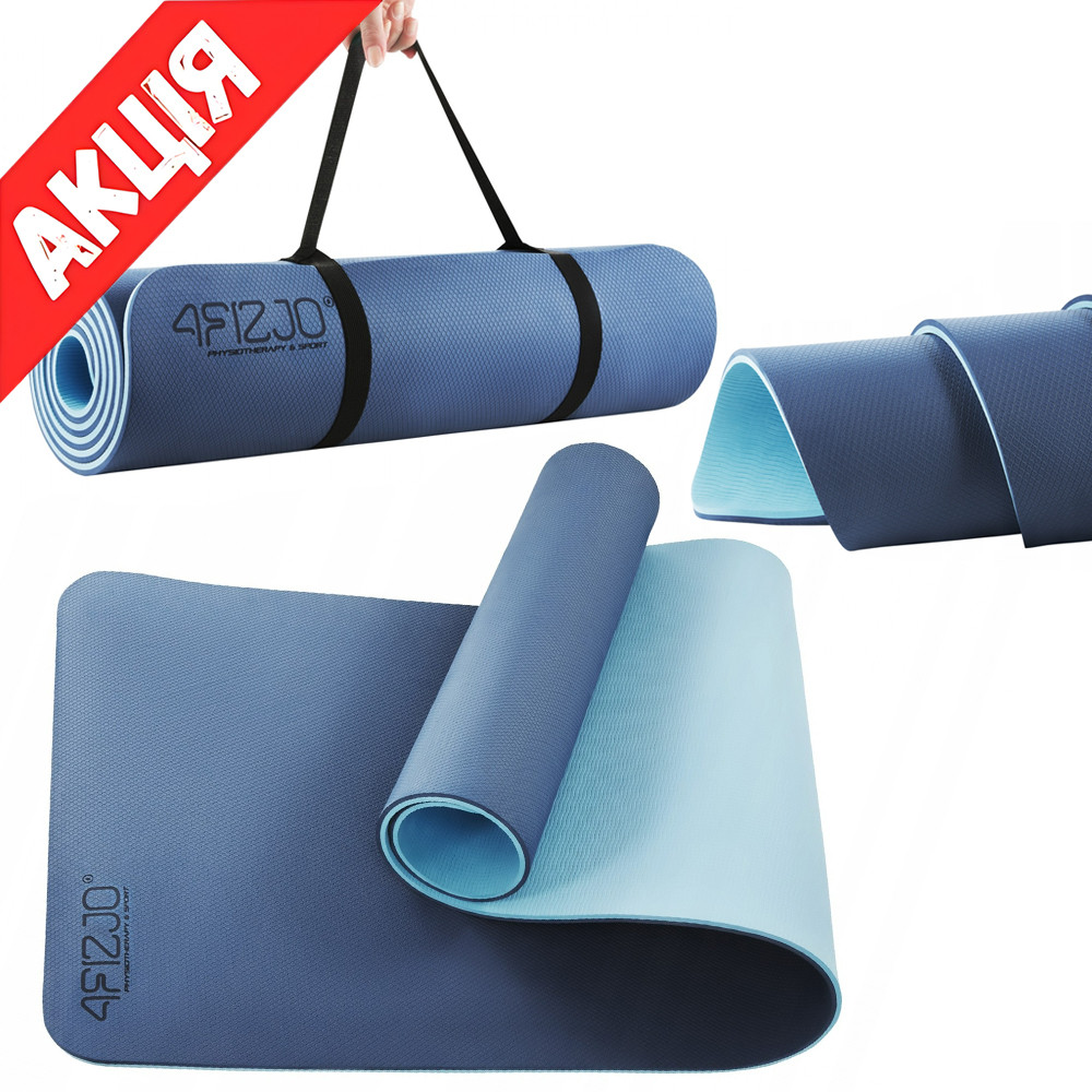 Килимок для йоги та фітнесу 4FIZJO TPE 180x60см Каремат для тренувань Нековзний мат для гімнастики Blue/Sky Blue