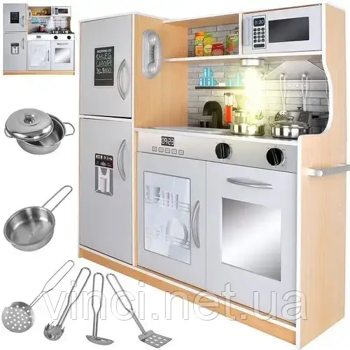 Дитяча кухня KRUZZEL 22115 Світло-коричнева/сіра Деревяна велика ігрова кухня +посуд +світло +звукові ефекти, фото 1