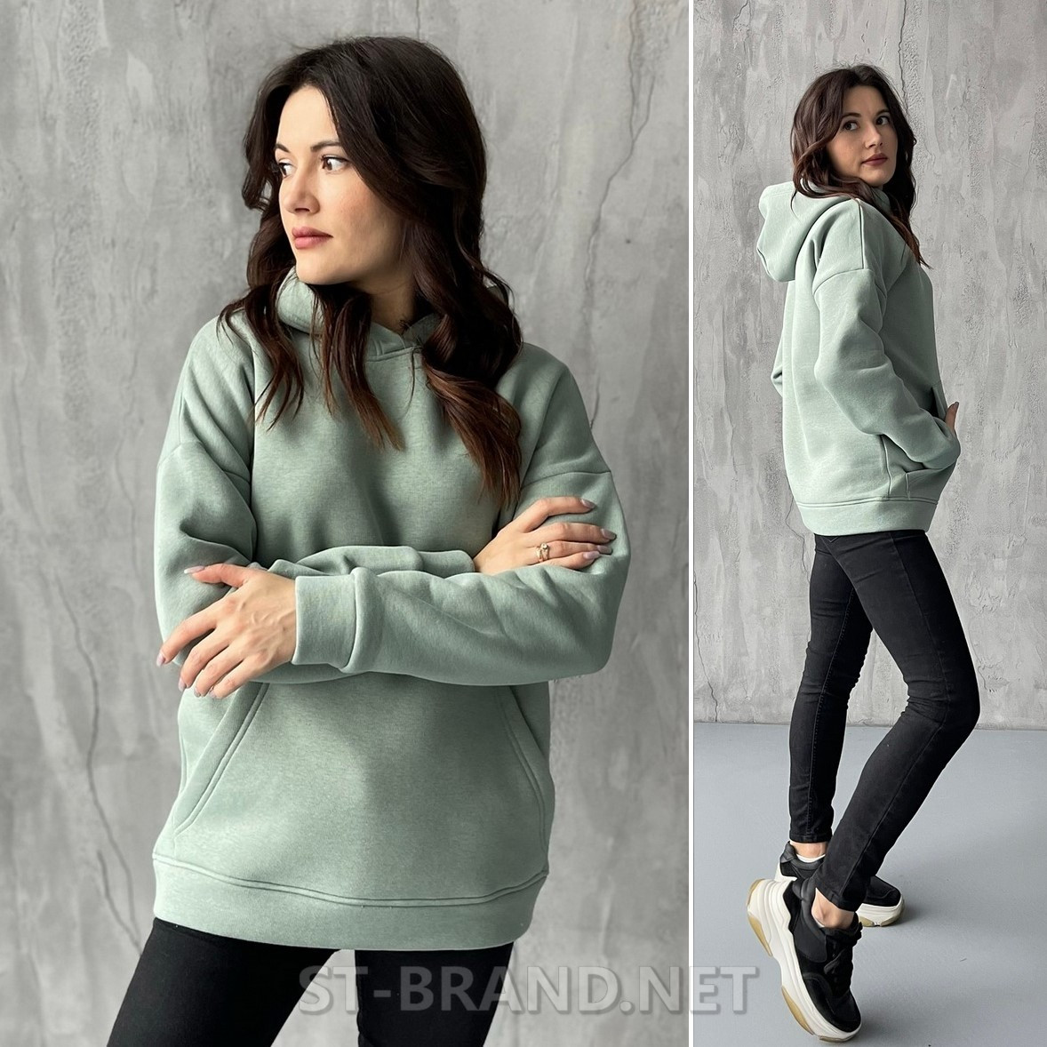 42-48. Жіноча худі з якісного трикотажного матеріалу, утеплена кофта з капюшоном - м'ятна