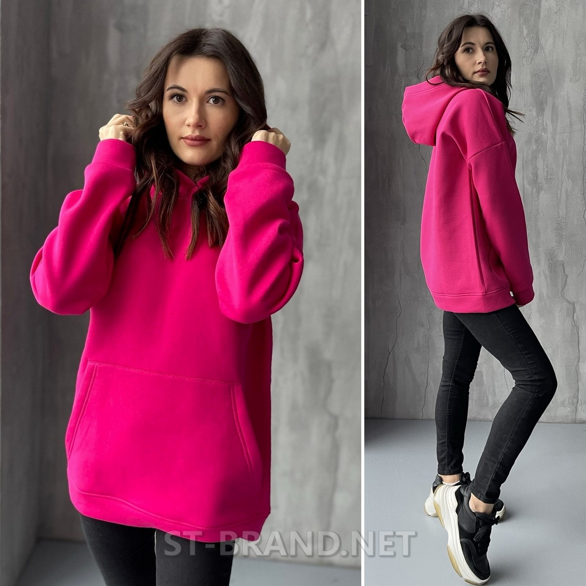 42-48. Утеплена худі з якісного трикотажу, жіноча кофта з капюшоном - рожева (малинова)