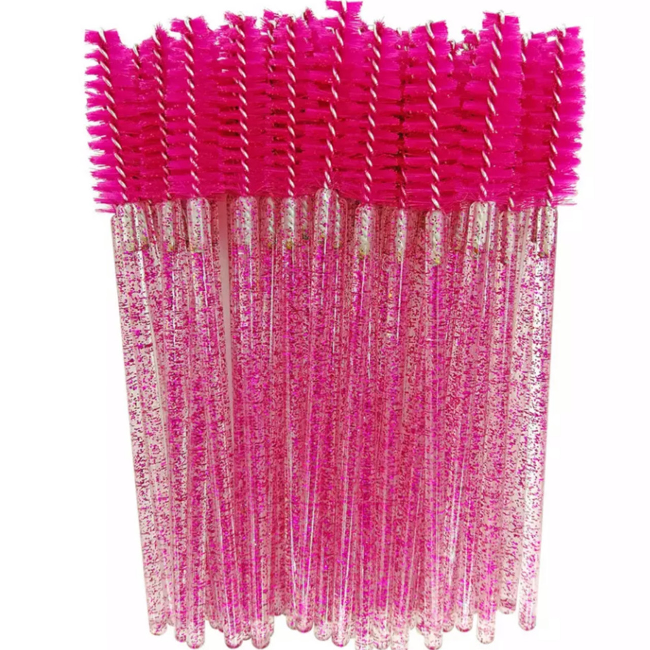 Щіточки для вій і брів із блискітками, яскраво-рожеві, 50 шт.