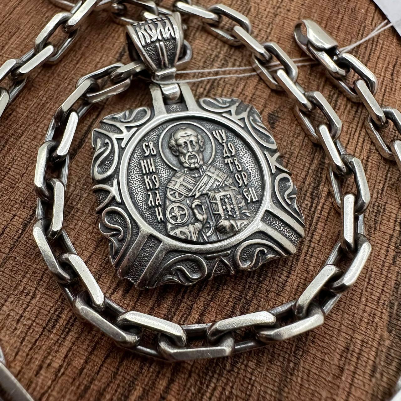 Срібна підвіска Миколай Чудотворець та якірний ланцюжок 925 проби чорніння