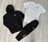 Мужской комплект Демисезонный спортивный костюм Under Armour черный худи + брюки (двунитка) + Футболка белая