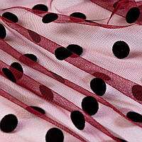 Ткань сетка стрэйч Горох с флоком бордо чорна