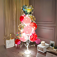 Набор 11 шаров со стойкой и гирляндой Мраморный узор Розовый и серебро