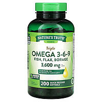 Комбинация Omega-3-6-9 Nature's Truth, витамины, тройная омега 3-6-9, рыба, лен, бурачник, 1 200 мг, 200