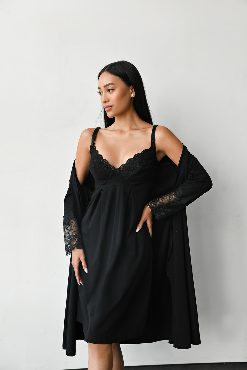 Бавовняний халат для вагітних і годуючих мам на запах з поясом розмір XS Мамин Дім Чорний, фото 1