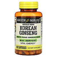 Женьшень Mason Natural, Цельнотравяной корейский женьшень с белым корнем Panax Ginseng, 100 капсул Доставка