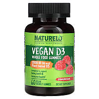 Витамин D-2 NATURELO, Vegan D3 Whole Food Gummies, Strawberry, 1,000 IU (25 mcg), 60 Vegan Friendly Gummies