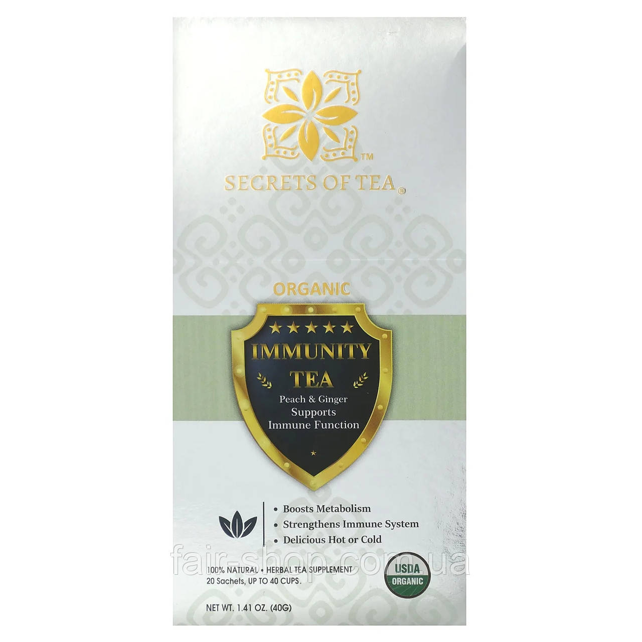 Трав'яний чай Secrets of Tea, Organic Immunity Tea, Peach & Ginger, 20 Sachets, 1.41 oz (40 g), оригінал. Доставка з США/ЄС, фото 1
