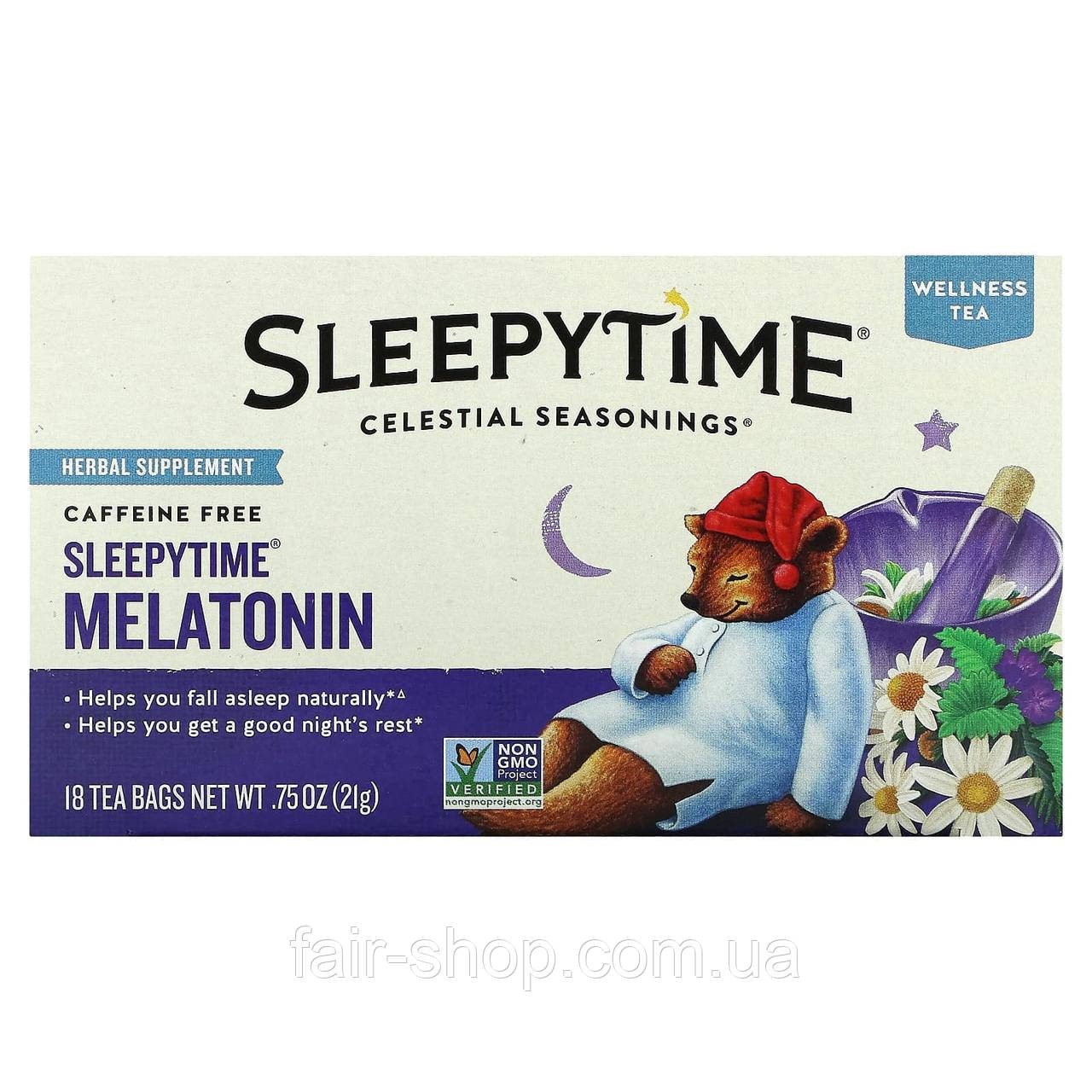 Трав'яний чай Celestial Seasonings, Wellness Tea, Sleepytime Melatonin Tea, Caffeine Free, 18 Tea Bags, 0.75 oz (21 g), оригінал., фото 1