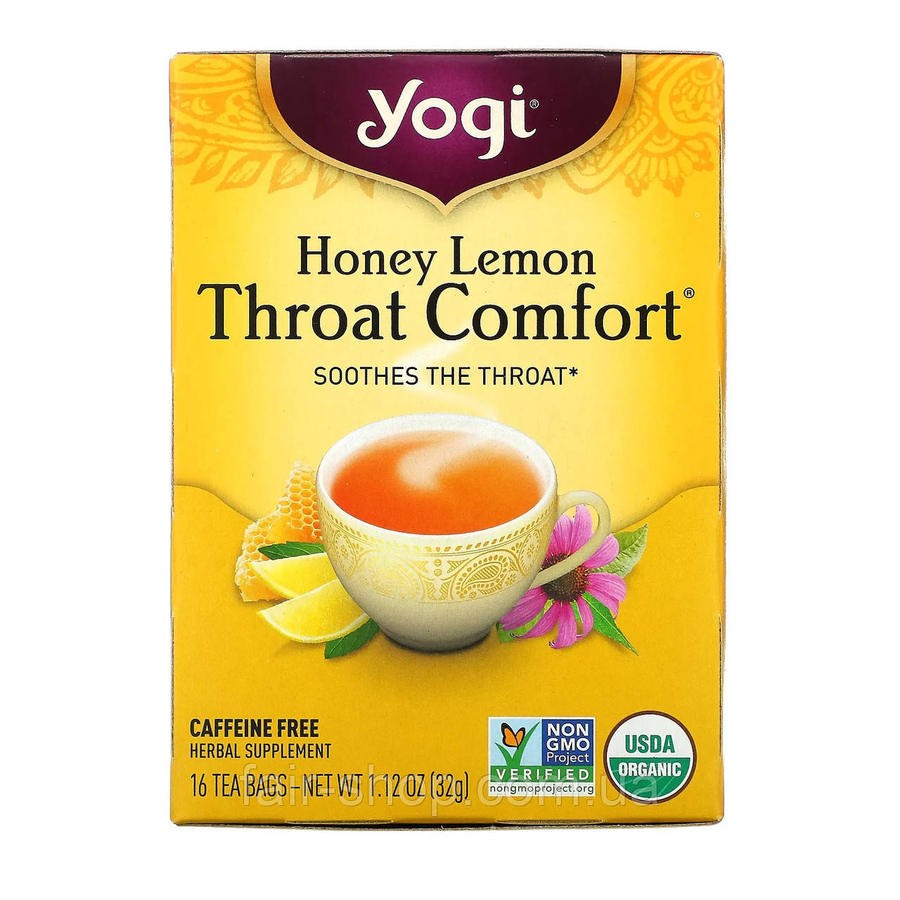 Лікувальні чаї Yogi Tea, Throat Comfort, Honey Lemon, Caffeine Free, 16 Tea Bags, 1.12 oz (32 g), оригінал. Доставка з США/ЄС, фото 1