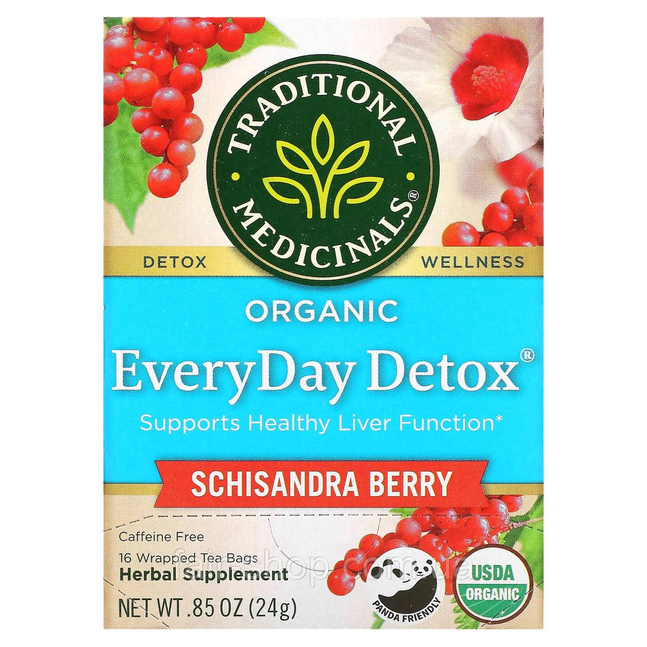 Лікувальні чаї Traditional Medicinals, Organic EveryDay Detox, Caffeine Free, Schisandra Berry, 16 Wrapped Tea Bags, 0.05 oz (1.5, фото 1