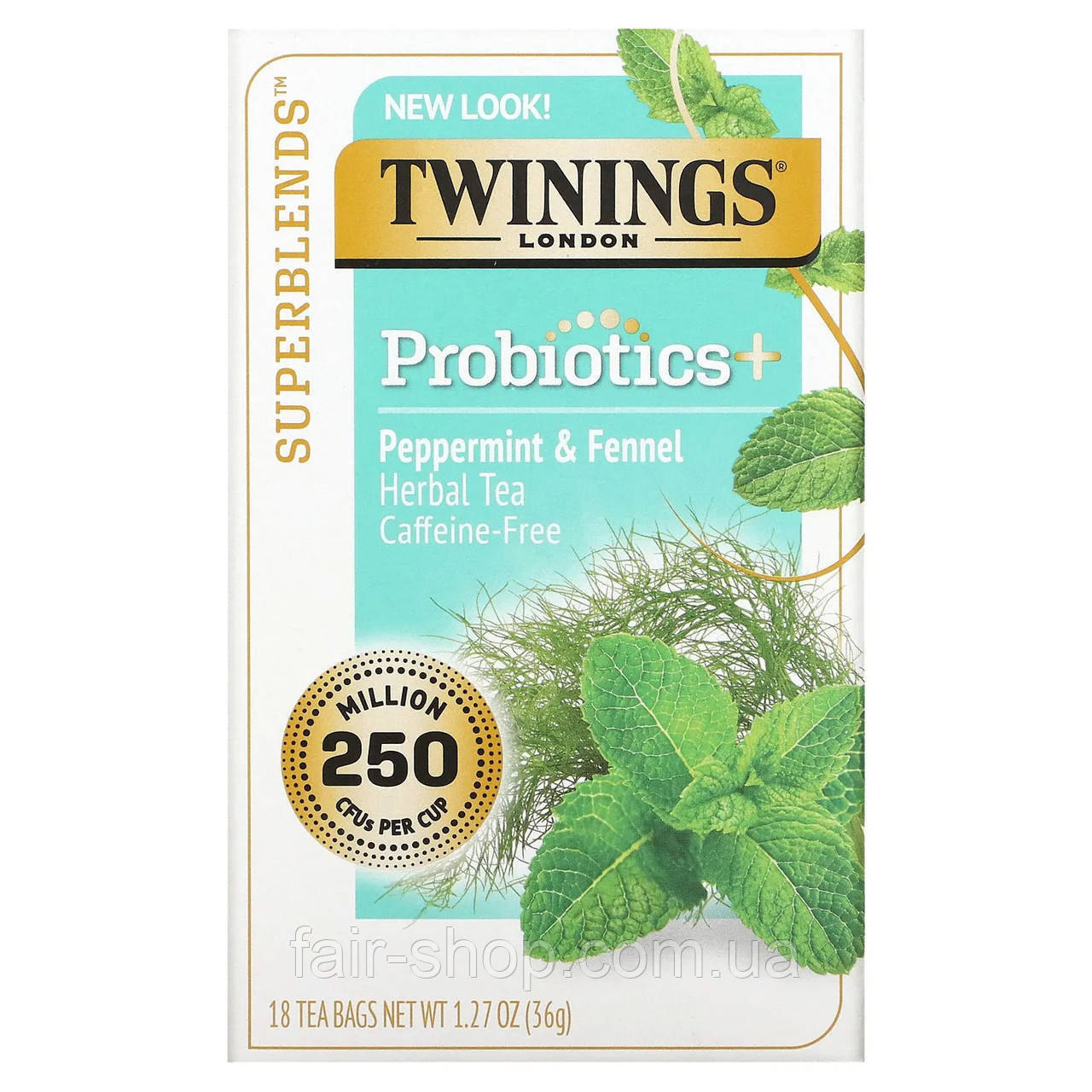 Лікувальні чаї Twinings, Probiotics Plus, Herbal Tea, Peppermint & Fennel, Caffeine-Free, 18 Tea Bags, 1.27 oz (36 g), оригінал., фото 1