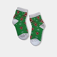 Махровые носки детские новогодние зелёный Олень| тёплые носки для детей зелёные 22-24